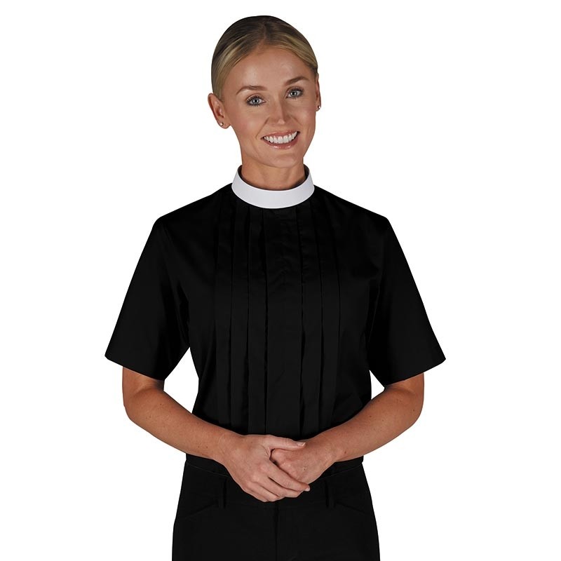 Womens Neckband Clergy Blouse - Long Sleeve Black