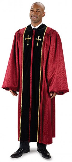Men's Burgundy Brocade Pulpit Robe with Crosses